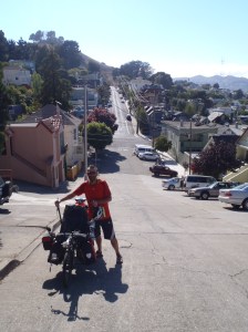 Bren holding the brakes firmly on  while I try to capture the steepoisty of this street