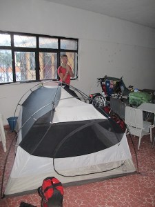 Camping in the Church. We fell asleep to the sounds of hymns and awoke to bell tolling.
