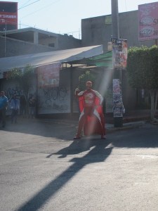 Add to the traffic, a guy in a wrestling suit.