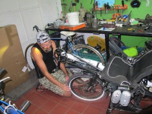 Soldering the wiring for our pedal powered lights