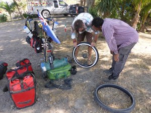 The tire exploded with an almighty 'BANG' and 'Juan' magically appeared to help us into the shade & drive us to buy a new tire.