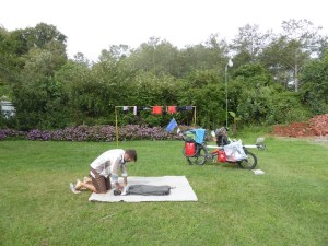 Drying the washing on a goal post as we pack up