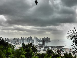 Panama city in the building clouds of rainy season.