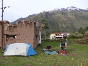 Camping behind this old house offered some shelter front he wind overnight but nothing could save us from the torrential rain and freezing cold. Look at all the snow on those peaks that fell overnight!
