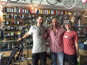 With bike store owner 'Santiago; in Chile. He wanted to replace everything but we had to convince him it would last another 2000km to Chile