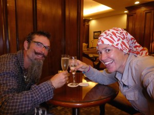 Stoked! Chceking into our very fancy hotel (thanks Mick) we thought a cheeky glass of bubbles was in order. Cheers!