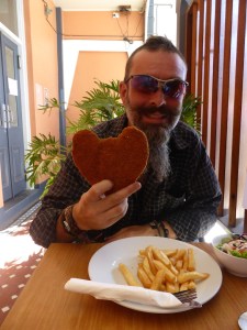 A heart shaped snitzel for a man with a giant heart